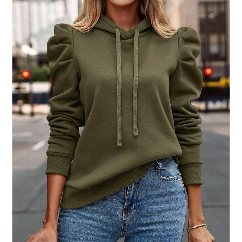 

2025 Осінньо-зимовий новий худі поло однотонний з довгим рукавом модний з рукавом-буф, повсякденний зручний жіночий худі 2XL армія зелений колір