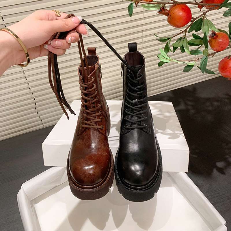 Krazing Pot Kuskinn Høst Vinter Sko Rund Tå Medium Hæler Snøring Motorsykkelstøvler Dame Ankelstøvletter