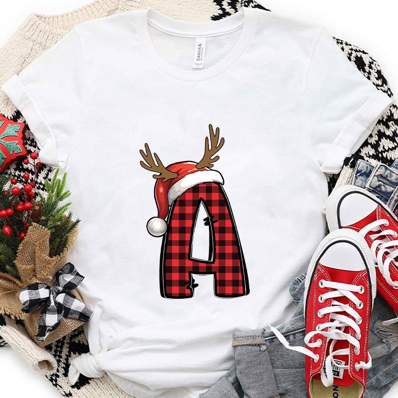 Christmas Alphabet AZ Letter Print Womens Tshirt Santa Graphic Casual Holiday Fashion Top Xmas Party Tees shirt for Women