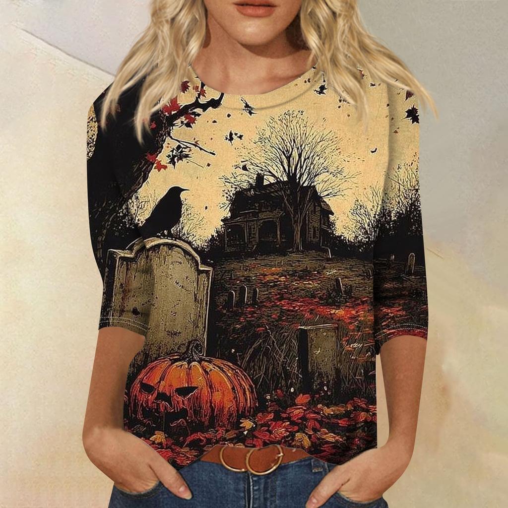 Women's Fashion Casual Round Neck Three-quarter Sleeve Halloween Printed T-shirt Top