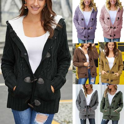 Damen Strickjacke mit Kapuze und Knopfleiste, Zopfmuster, Pullover, Mantel, Oberbekleidung mit Tasche