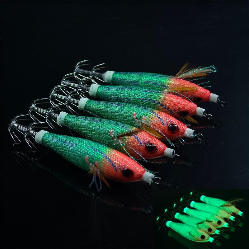 5PCS Multi-color Glow Squid Jig 5.8G/8CM Horizontal Egi Wood Shrimp Bait Artificial Lure for Squid Octopus Fishing Jukkumi