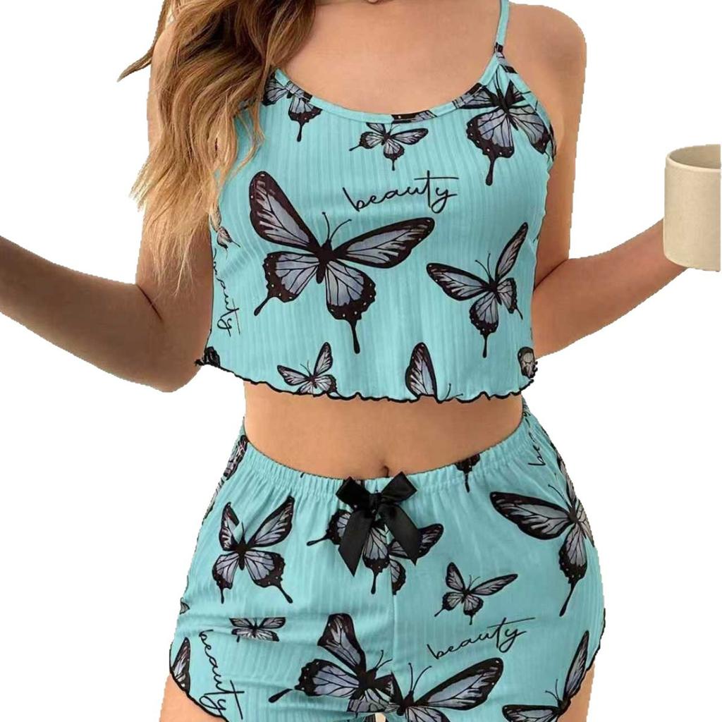 1011 Popular Homewear Pajamas Women's Summer Large Size Sexy Underwear Suspender Shorts Two-piece Set Butterfly