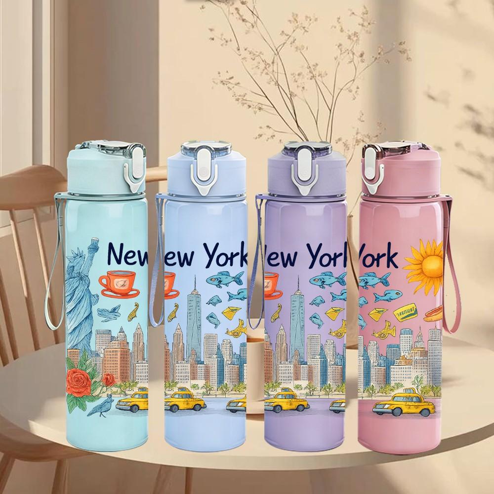 1PC New York Sun Cityscape Art 750ml Color Plastic Sports Water Bottle Leakproof Flip Straw Lid Suitable for Sports Office Home Use