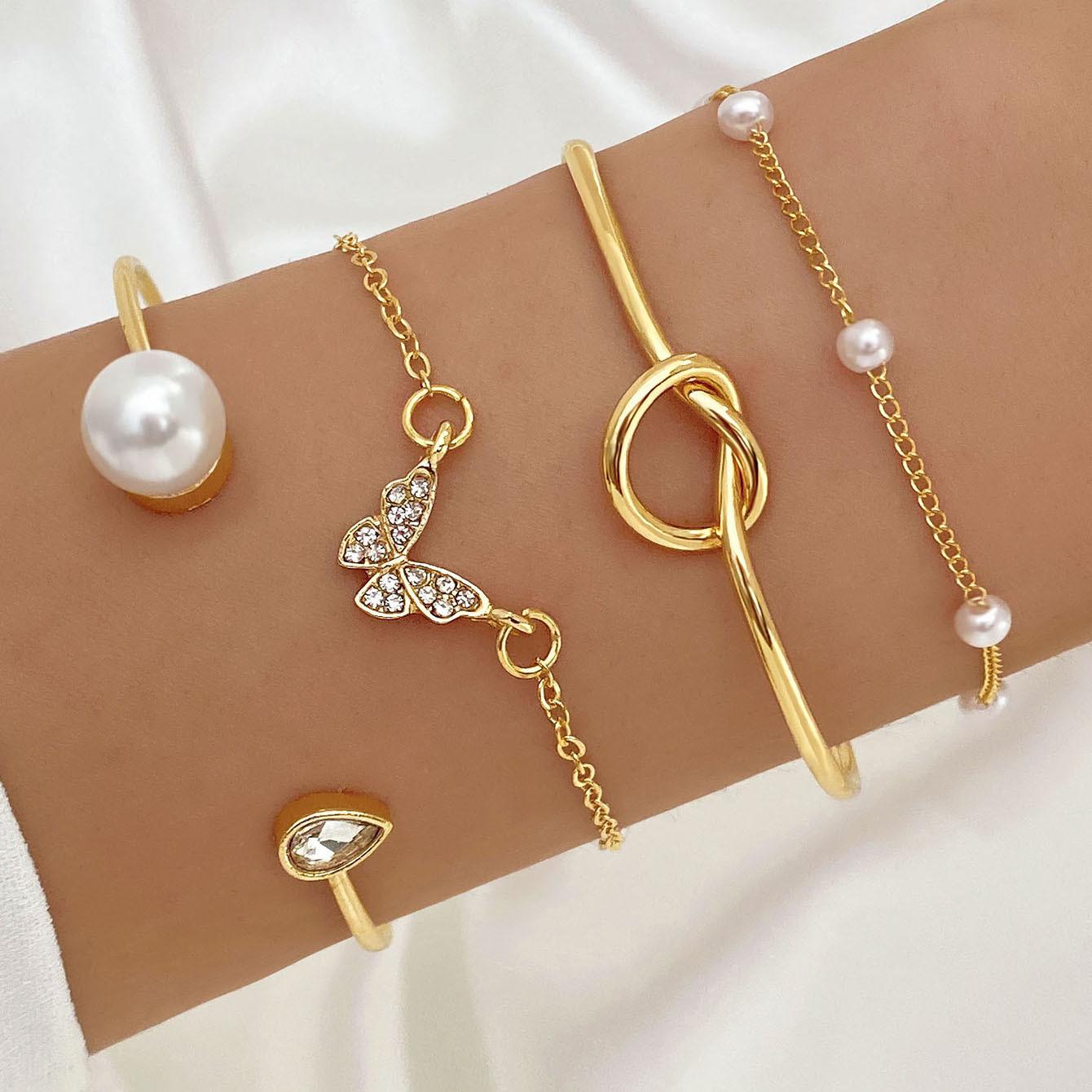 

4pcs/set Party Jewelry Gift Beach Vacation Style Imitation Pearl Women S Bracelet Wedding Bracelet Series Fashionable Daily Wear Jewelry золотистий