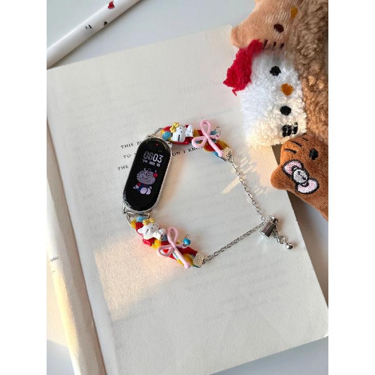 Милая цепочка для часов с бантом и кошкой KT для Xiaomi Band 8 9, разноцветные сменные ремешки для Miband 9 8, браслет для смарт-часов for mi 9 розовый