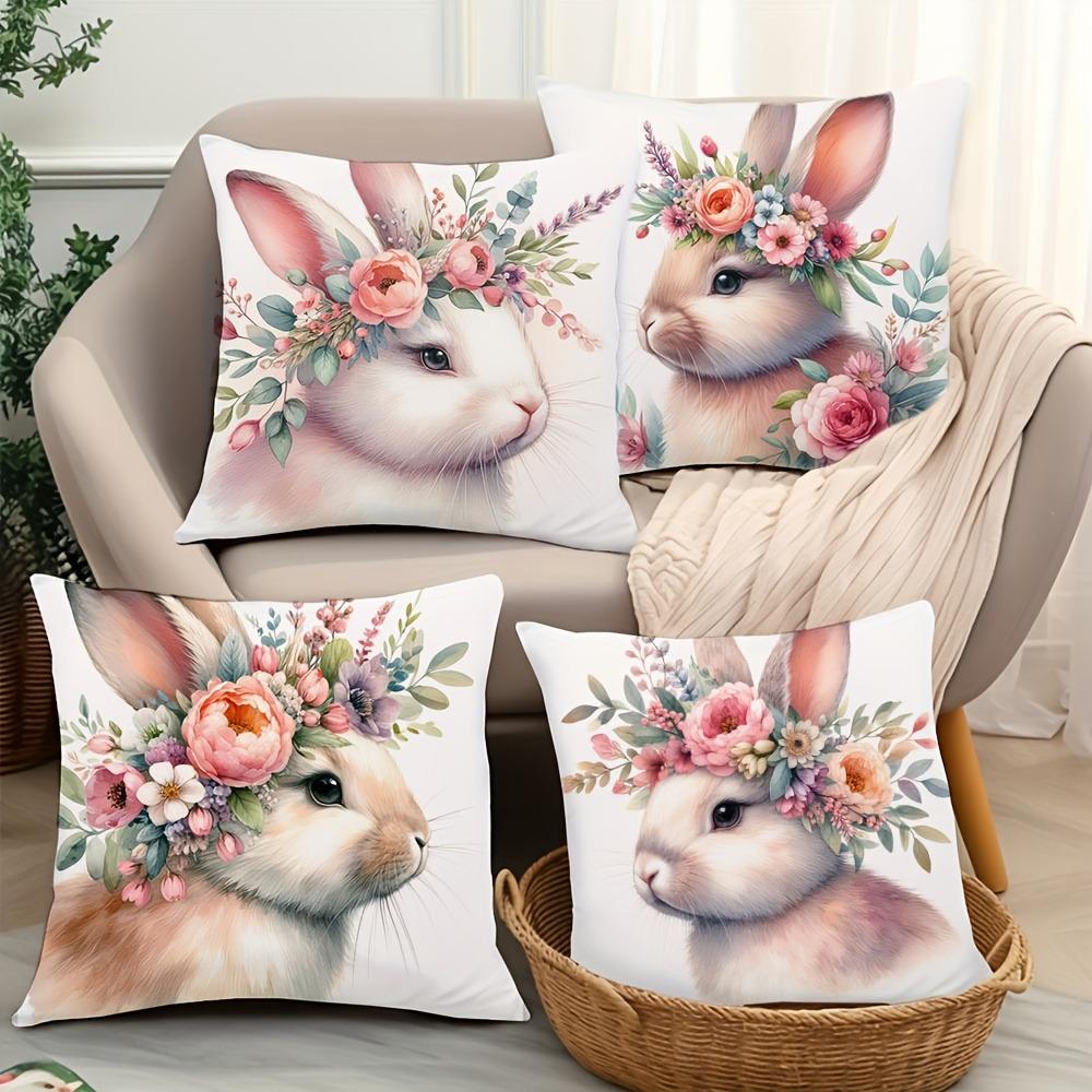 Easter Decoration Pillow Cover Home Farmhouse Decoration Gift Rabbit Flower Print Pillowcase Sofa Cushion Cover Short Plush Mate