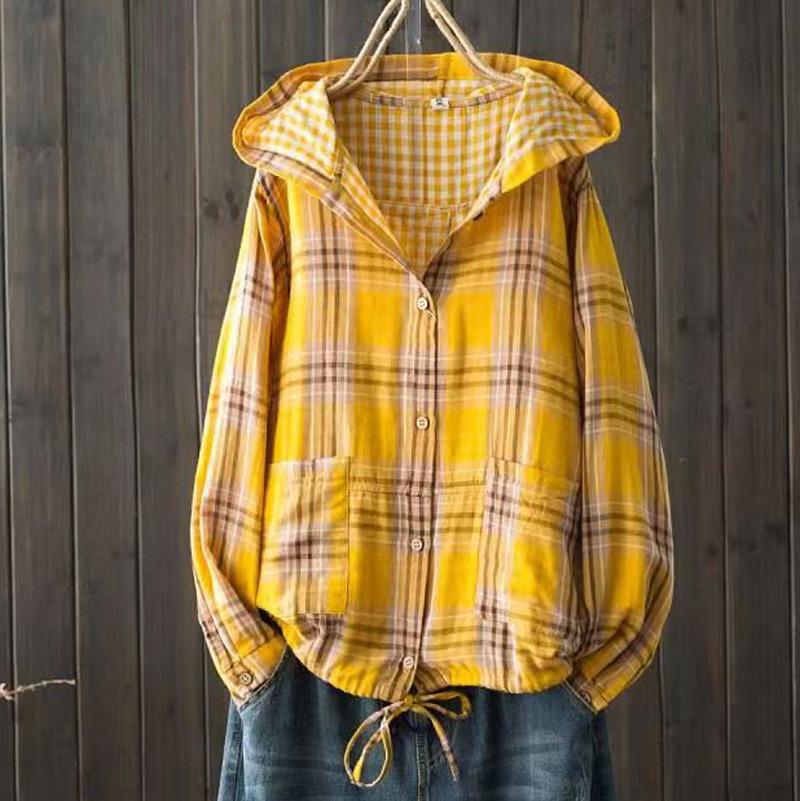 Women's Hooded Double-layer Cotton Yarn Plaid Shirt   Literary Retro Casual Cardigan Top Jacket