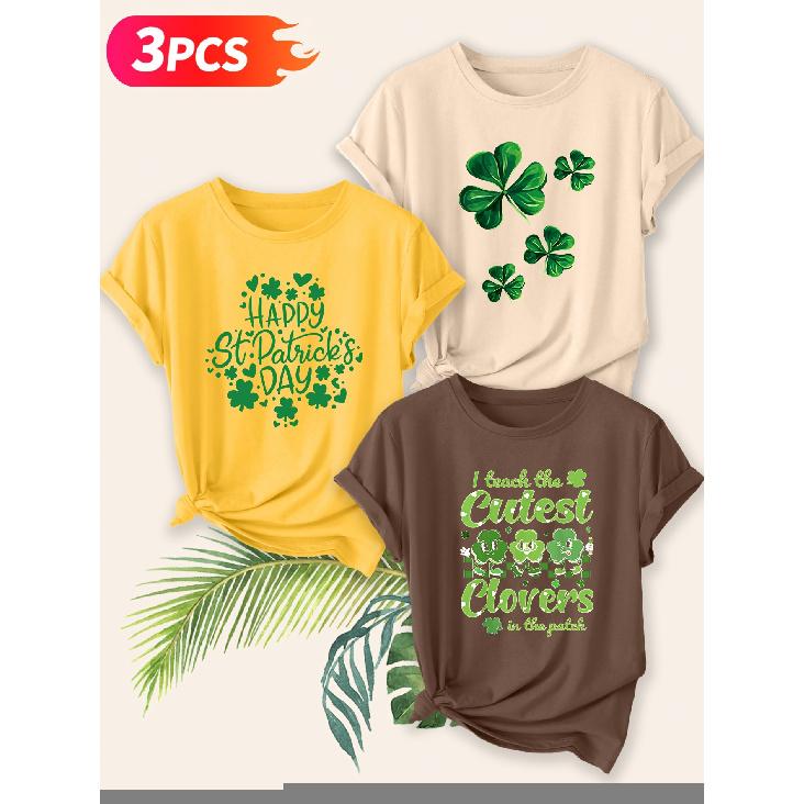 Three-piece set Elegant short-sleeved shirt for women St. Patrick's Day Clover Print Round Neck Women's T Shirt Suitable for spring