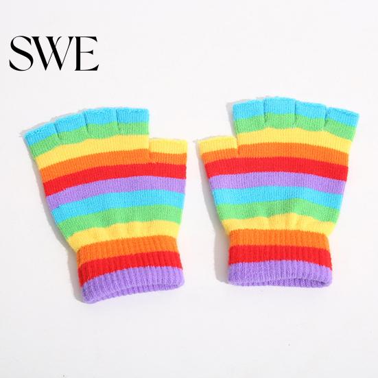 Winter Gloves 1 Pair Students Half Finger Knitted Colorful Rainbow Stripe Stretchy Comfortable Girls Keep Warm Super Soft Autumn Women Writing Gaming