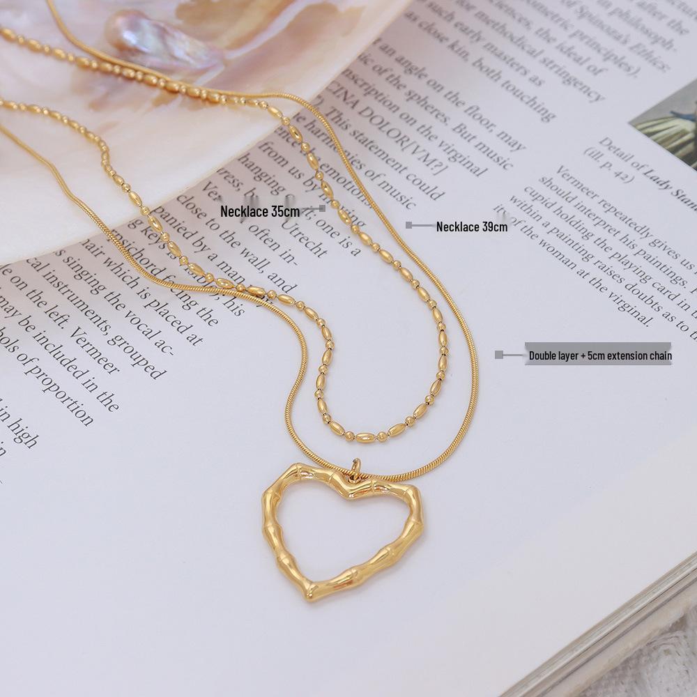 French Chic Double-Layer Heart Pendant Necklace - 18k Gold-Plated Titanium Steel for Women