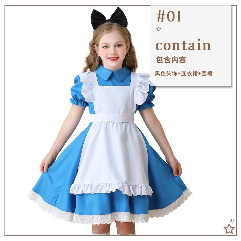 Kids Alice In Wonderland Cosplay Costume Set - Black Maid Dress With Apron Bow Hairband Stockings Halloween Party Performance
