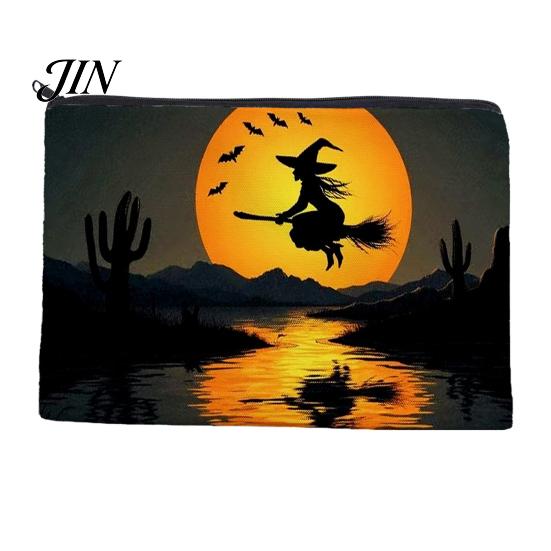 Thick Fabric Storage Bag Bag, with Halloween Pattern Printed, Smooth Zipper Themed Organizer Canvas Makeup Large Capacity Travel Cosmetic Pouch
