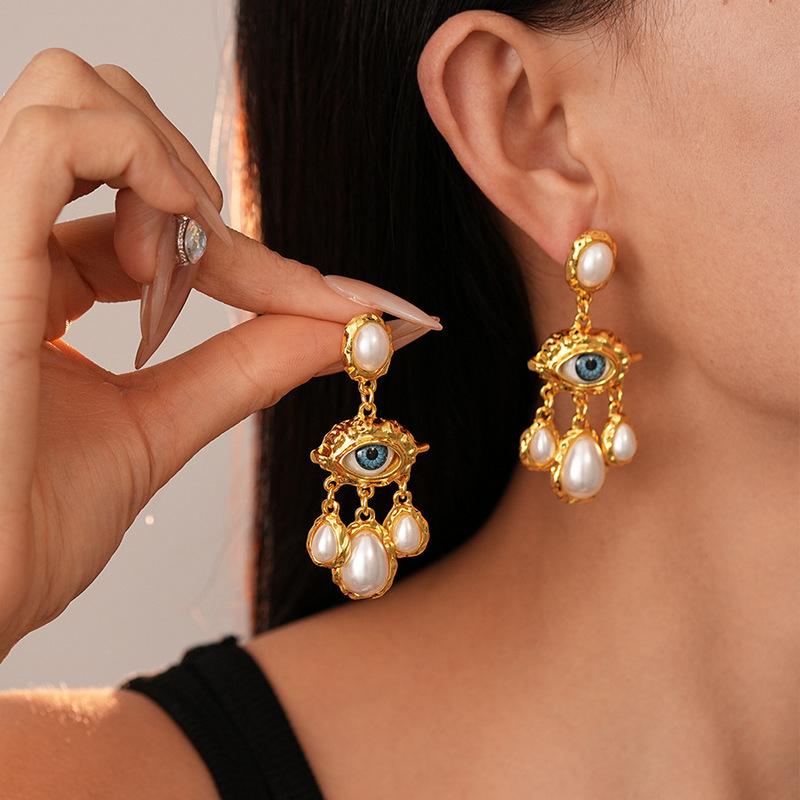 Retro Exaggerated Large Eyes Earrings For Women Vintage Water Droplet Pearl Tassels Luxuxry Earrings Office Banquet Jewelry Gift