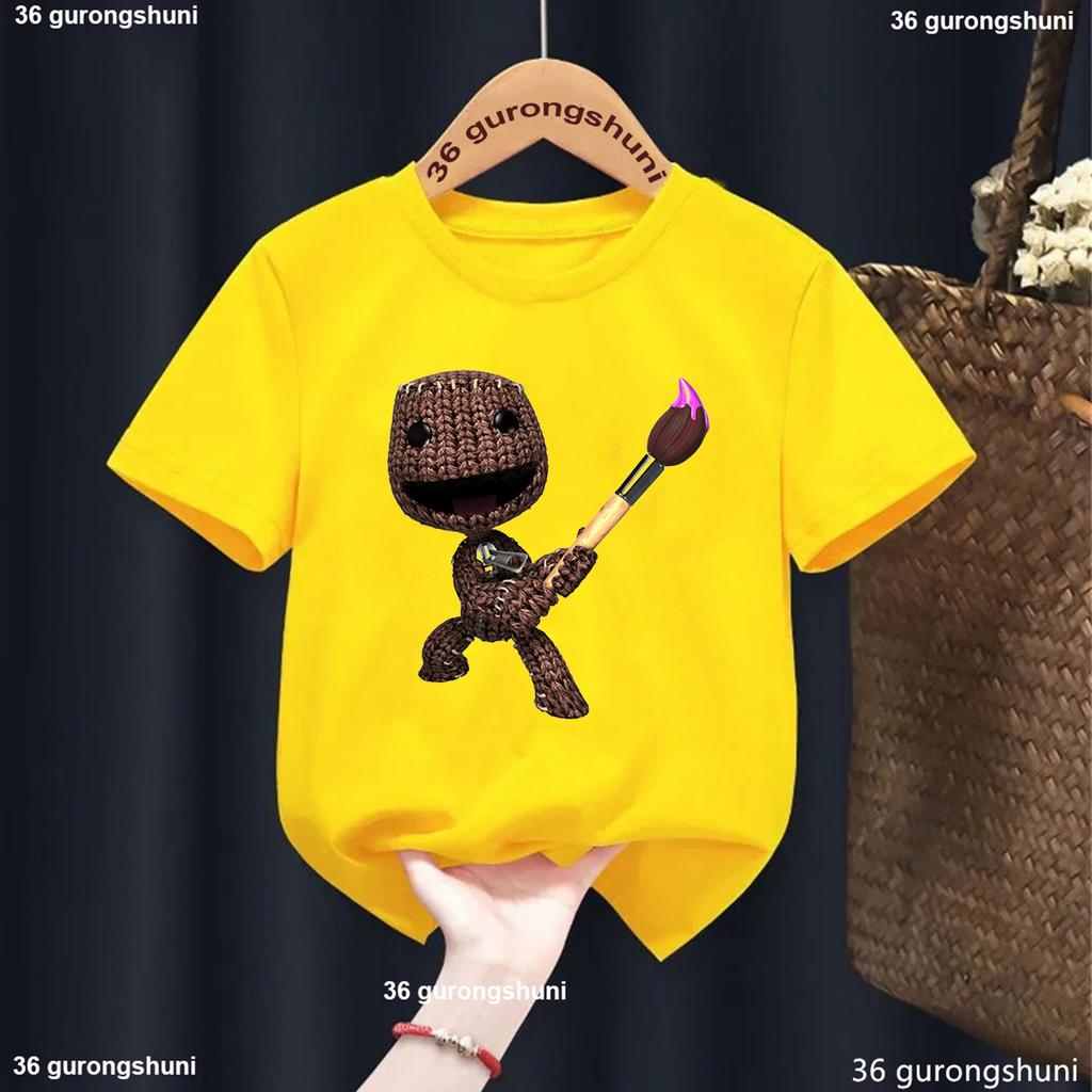 New Boys T-Shirt Funny Video Game Lbp Sackboy Cartoon Print Kid Tshirt Fashion Trendy Boys Clothes Summer O-Neck White Shirt Top