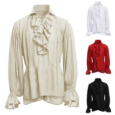 Men's Retro Long Sleeve Shirt with Puffy Sleeves and Ruffled Front In Solid Colors Clothes Sale