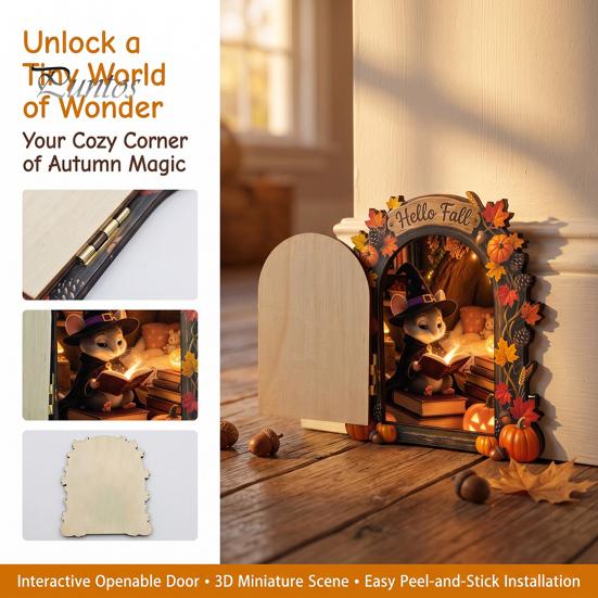 Decorative Baseboard Elf Door Wooden Halloween Decor, 2D Fairy Mouse Miniature Wall Autumn Theme Tale Ornaments Hanging, Rustic Shelf Ornament