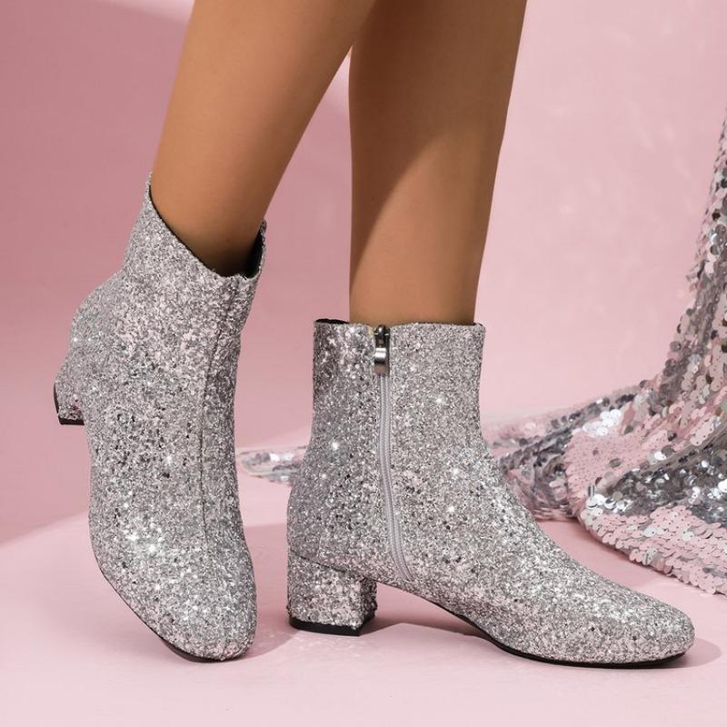 Fashion Fashionable Women's Boots 2024 Winter New Item Solid Color Side Zipper Luxury Sequin Comfortable Midsole Boots Zapatos De Mujer
