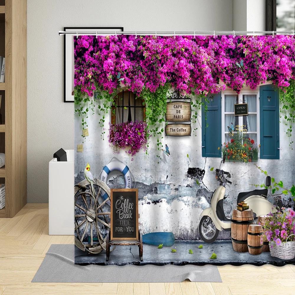 Chinese Style Shower Curtain Vintage Wood Board Garden Building Green Plant Floral Pattern Bathroom Decor Bath Curtain with Hook