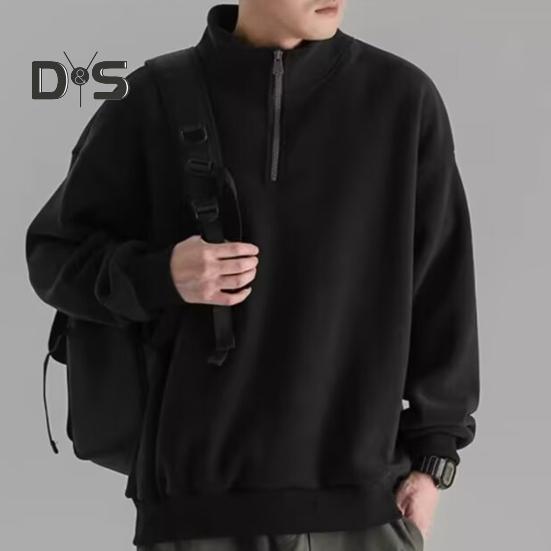 Pánska jesenná zimná mikina s polovičným zipsom a stojacím golierom, retro, jednofarebná, obojstranný zamat, voľný pulóver, dlhý rukáv, top do školy, na rande a na cestovanie