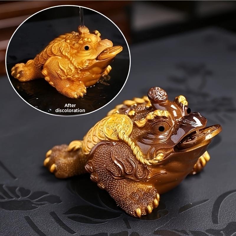 1pc Color-Changing Golden Toad Tea Pet - Resin Three-Legged Frog Figurine with Flowing Water Feature, Intricate Golden Accents & Red Gemstone Eyes