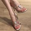 Open-toed rhinestone gemstone chain patent leather one-word drag female sexy outer wear stiletto high heels sandals female