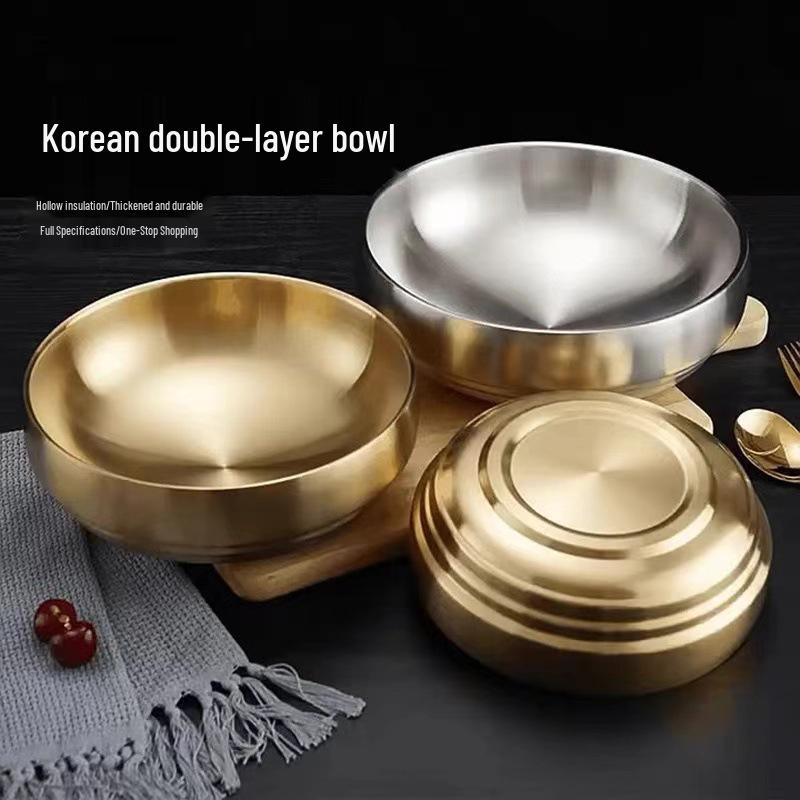 Gold Stainless Steel Double-Layer Bowl for Ramen, Bibimbap, Soup, Luosifen, Salad, and Instant Noodles.