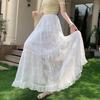 Qooth Lace Embroidered Tulle Maxi Skirt High-Waist Slimming A-Line Tiered Cake Skirt Fairy Full Flare Summer QT2914