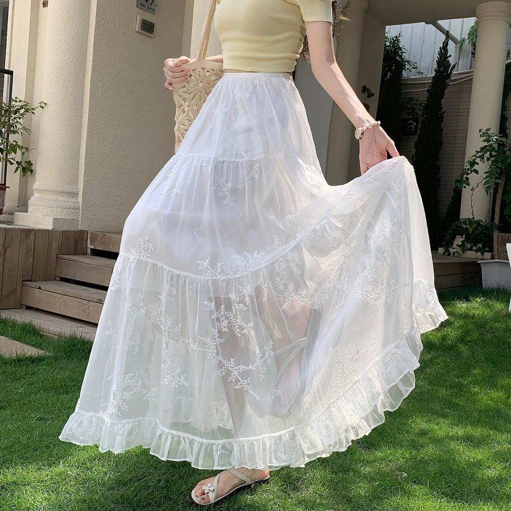 Qooth Lace Embroidered Tulle Maxi Skirt High-Waist Slimming A-Line Tiered Cake Skirt Fairy Full Flare Summer QT2914 One Size белый