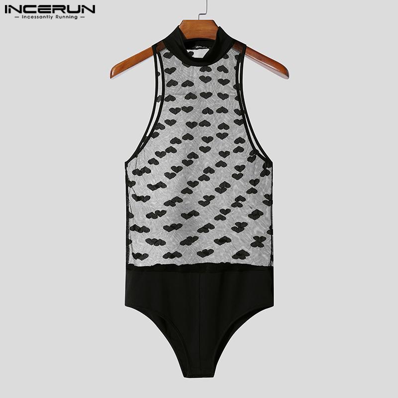 INCERUN Ανδρικά Κολάν Αμάνικα με Ψηλό Λαιμό Patchwork Διχτυωτά Διαφανή Εσώρουχα Ολόσωμες Φόρμες