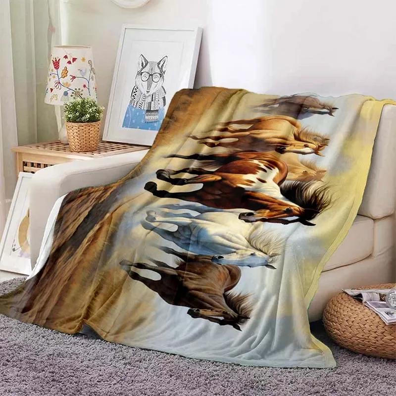 3D Cartoon Horse Print Flannel Throw Blanket – Soft Warm Picnic Blanket, Retro Home & Travel Birthday Gift, Cozy Comfort