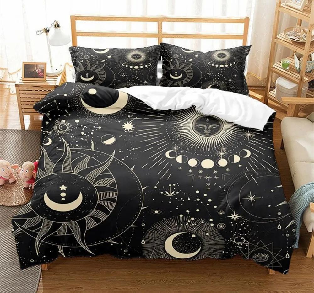 Black Sun Moon Star Bedding Set Bohemian Totem Line Duvet Cover Pillowcases Bedlinen Adults Bedclothes Twin Full Queen King Size