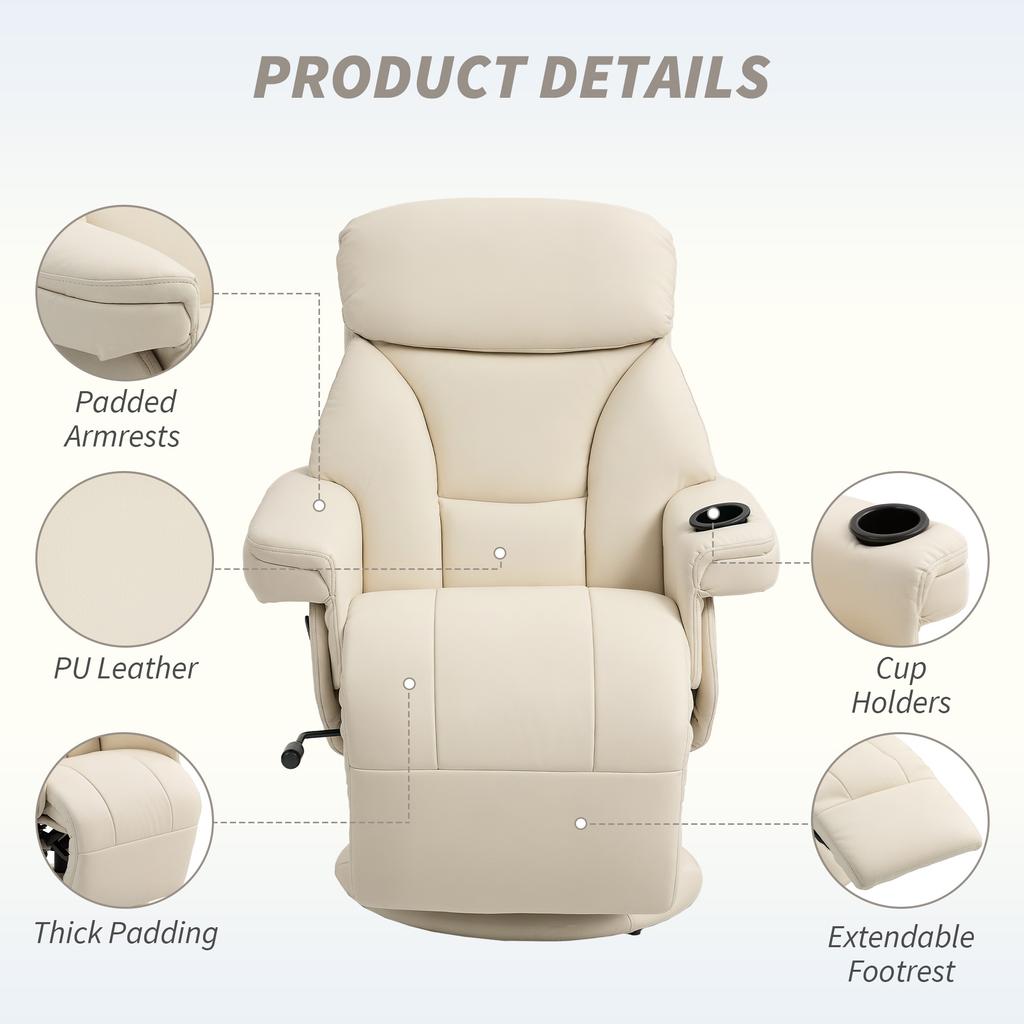 Manual Recliner Chair with Footrest, Upholstered Reclining Armchair with Adjustable Backrest and Cup Holder, PU Leather Swivel Chair for Living Room