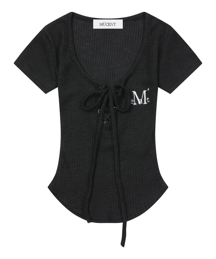 Mucent Sharon Eyelet Lace-Up Rolled Ribbed Slim Fit Short Sleeve T-Shirt (3 Colors)