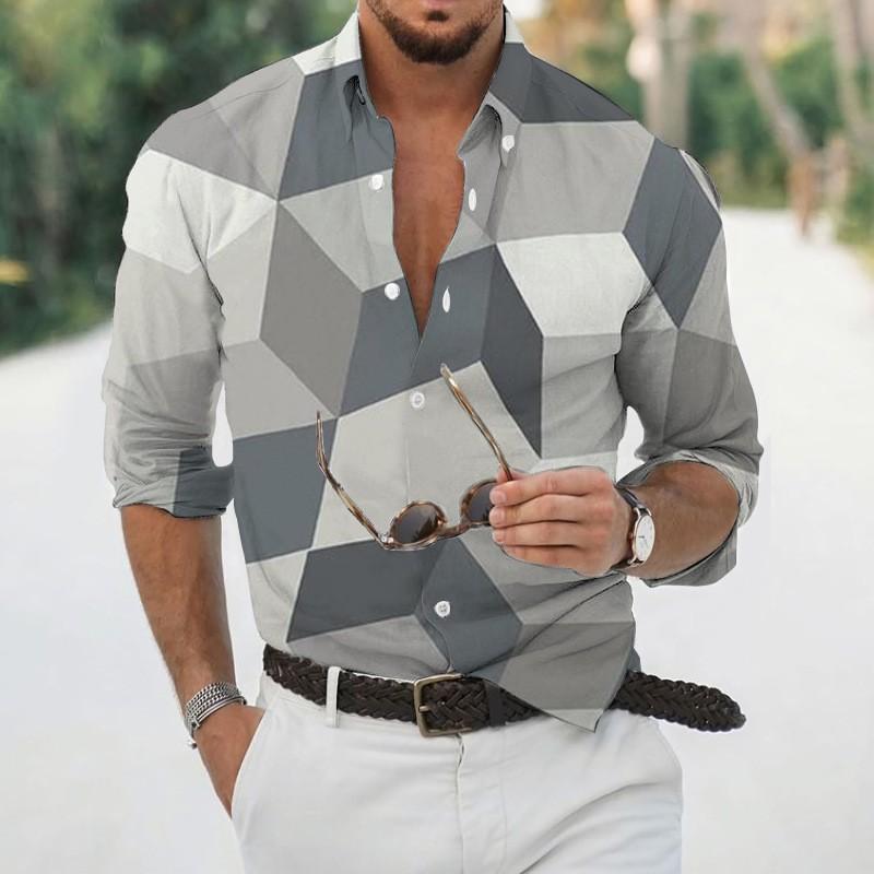 2025 Geometric Three-dimensional 3D Printed Casual Lapel Long-sleeved Shirt Spring and Autumn Men's Trendy Versatile Shirt for Men