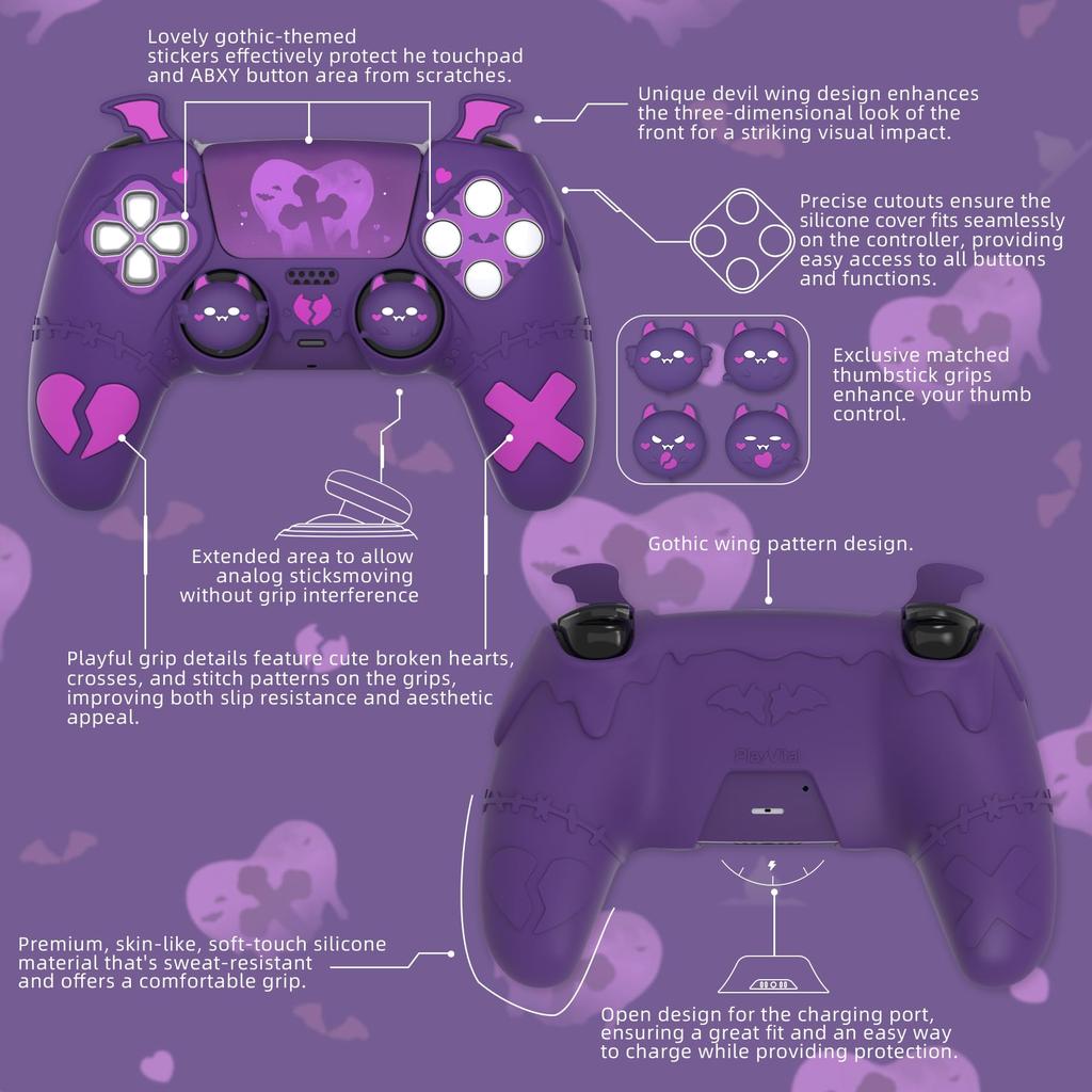 PlayVital Gothic Imp Cute Protective Cover for Ps5 Includes 4 Thumb Grip Caps and 6 Grip Cover for Ps5 Compatible with Official Ps5 Charging Station