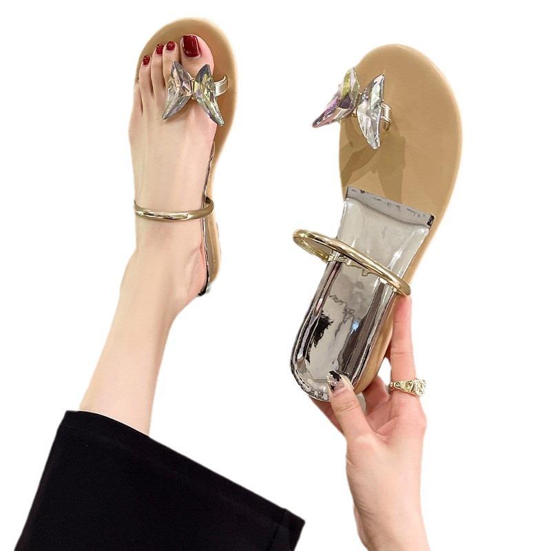 Internet celebrity rhinestone cool slippers women wear new low heel set toe bow flat bottom fairy wind one word slippers