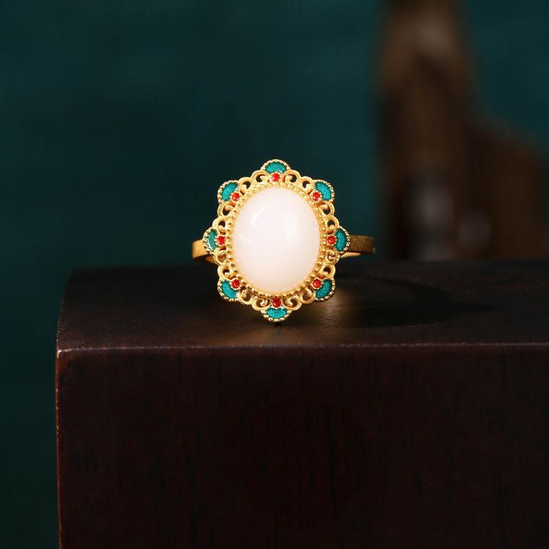 Ethnic Style Adjustable Rose Flower Ring with Gold-Plated Imitation Jade for Women