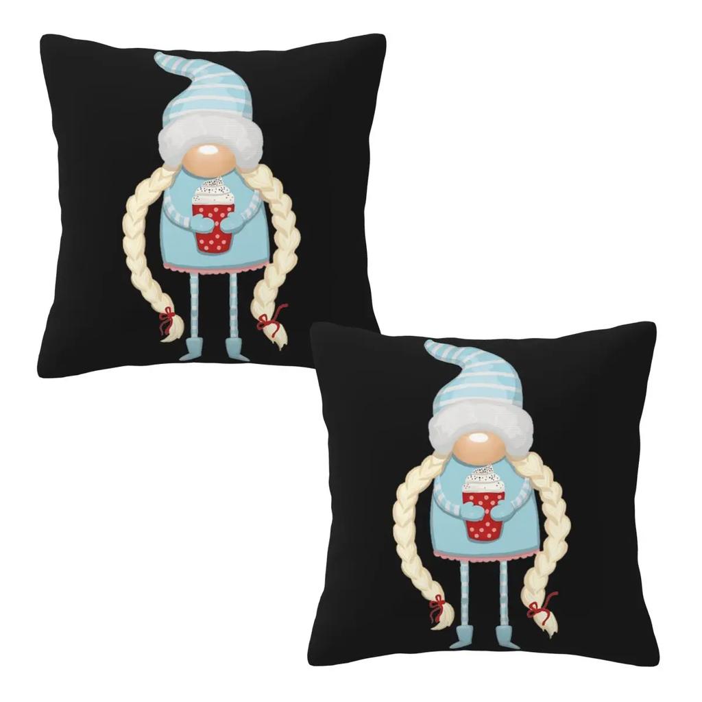 Christmas Gnome With Coffee 2 Pcs Square Pillowcase Pillow Cover Cushion Decor Comfort Throw Pillow For Home Car