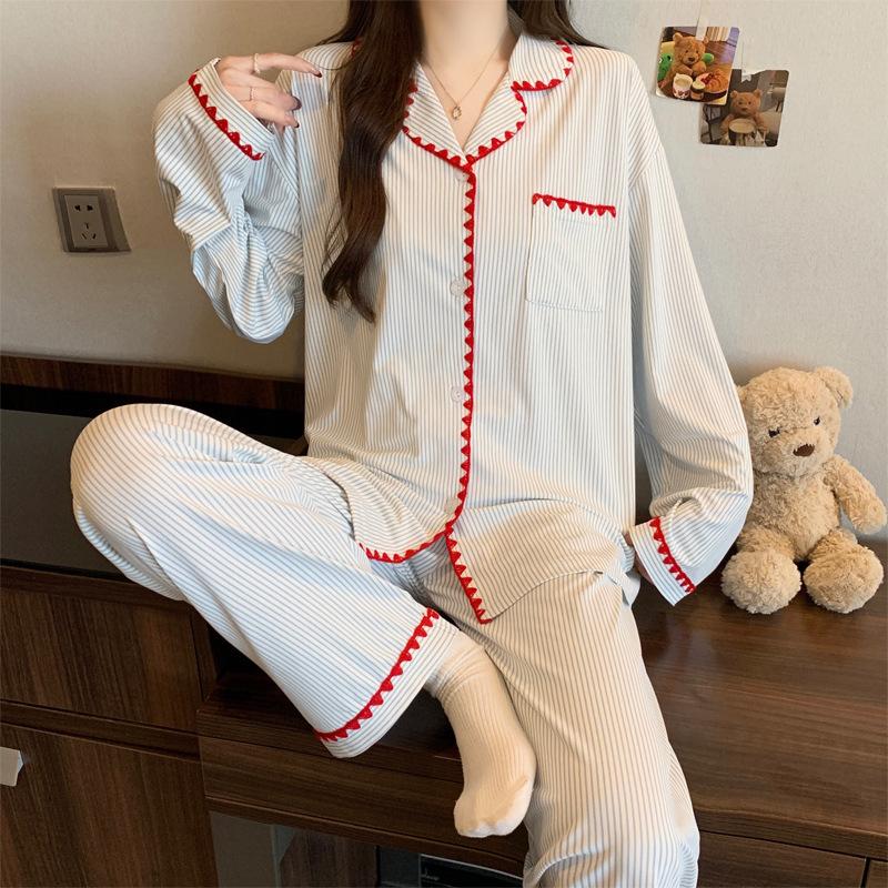 Halbmond-Stickrand Langarm-Pyjama Damen Frühling Neu Imitation Baumwolle Dopamin Polka Dot Loungewear Set