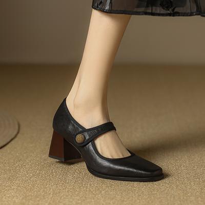 New Autumn Women Pumps Genuine Leather Shoes for Women Square Toe Chunky Shoes High Heels Mary Janes Retro Belt Buckle Shoes