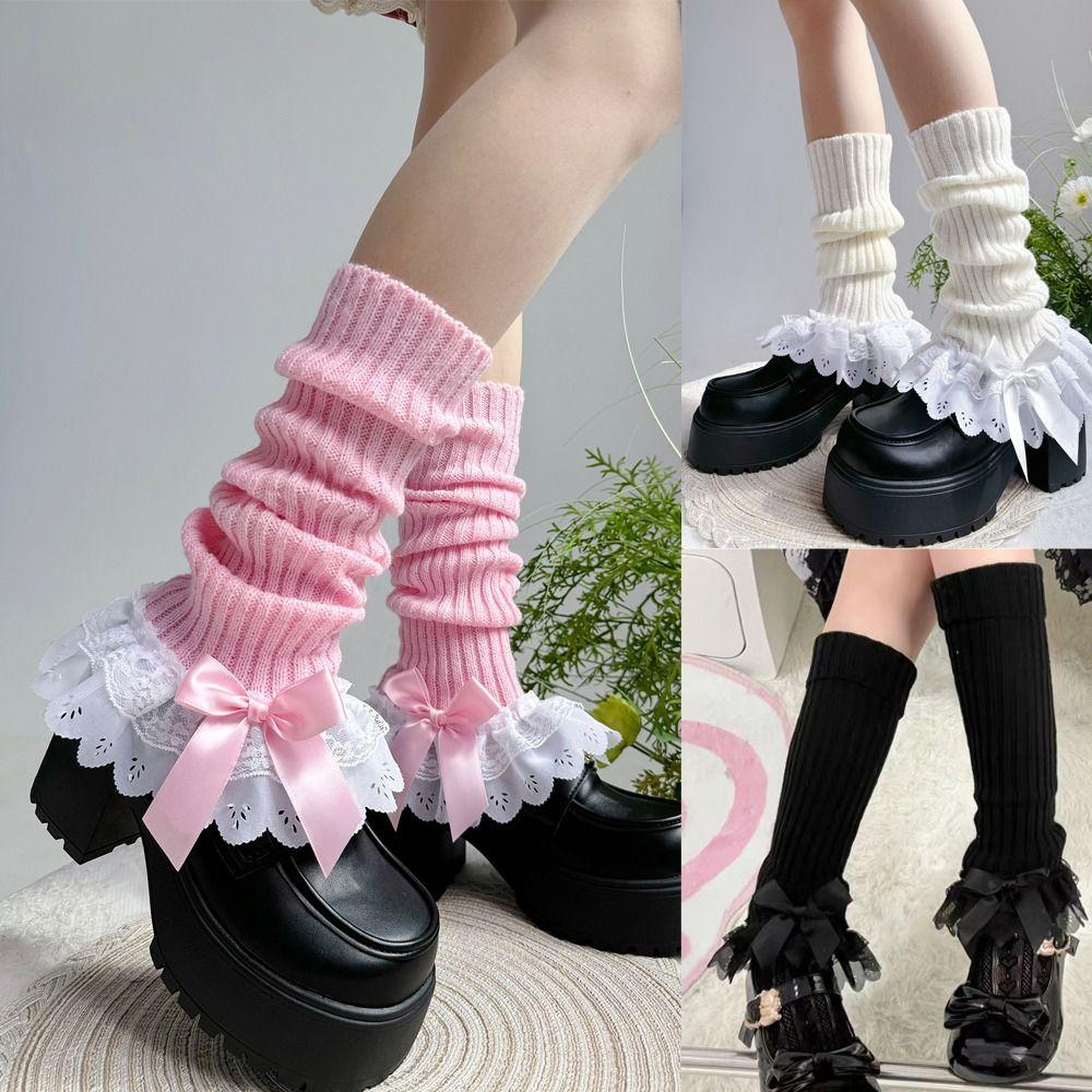 Gestrickte Beinwärmer mit Schleifenakzent, mehrlagiger Rüschensaum, hohe Socken für Lolita-Mädchen
