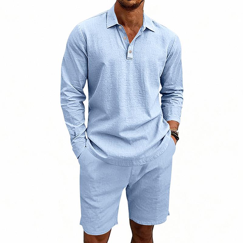 Men's Linen Summer Casual Long-Sleeve Polo Shirt and Shorts Set