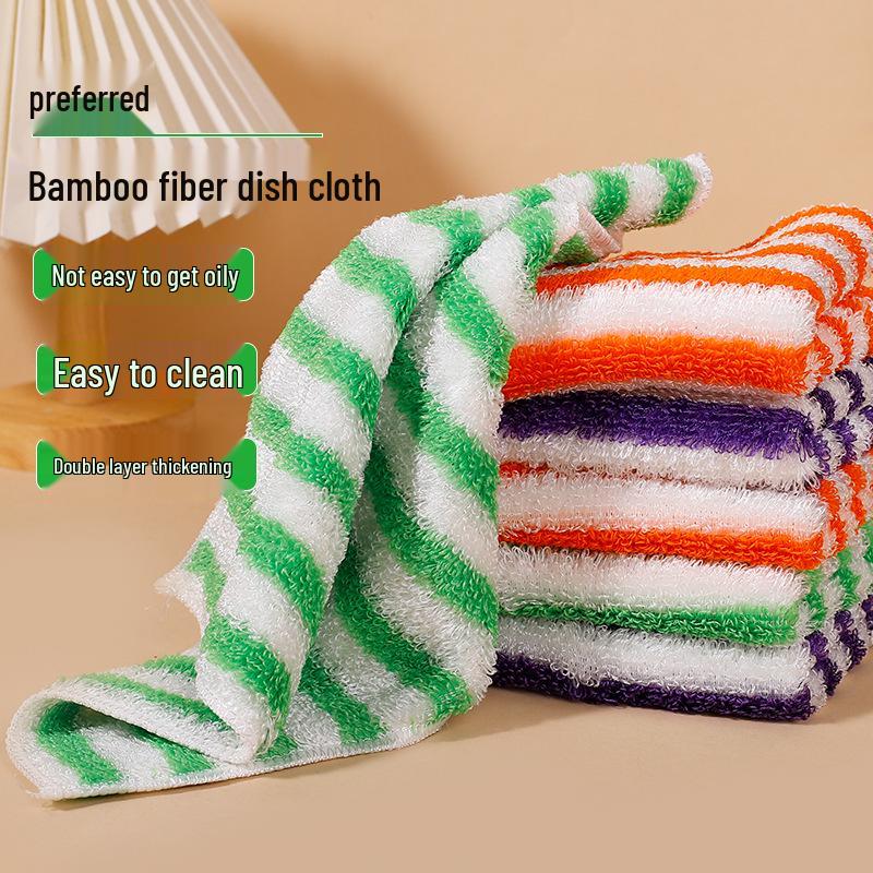 Thickened Bamboo Fiber Dishcloth - Oil-Removing, Non-Stick, Colored Stripe