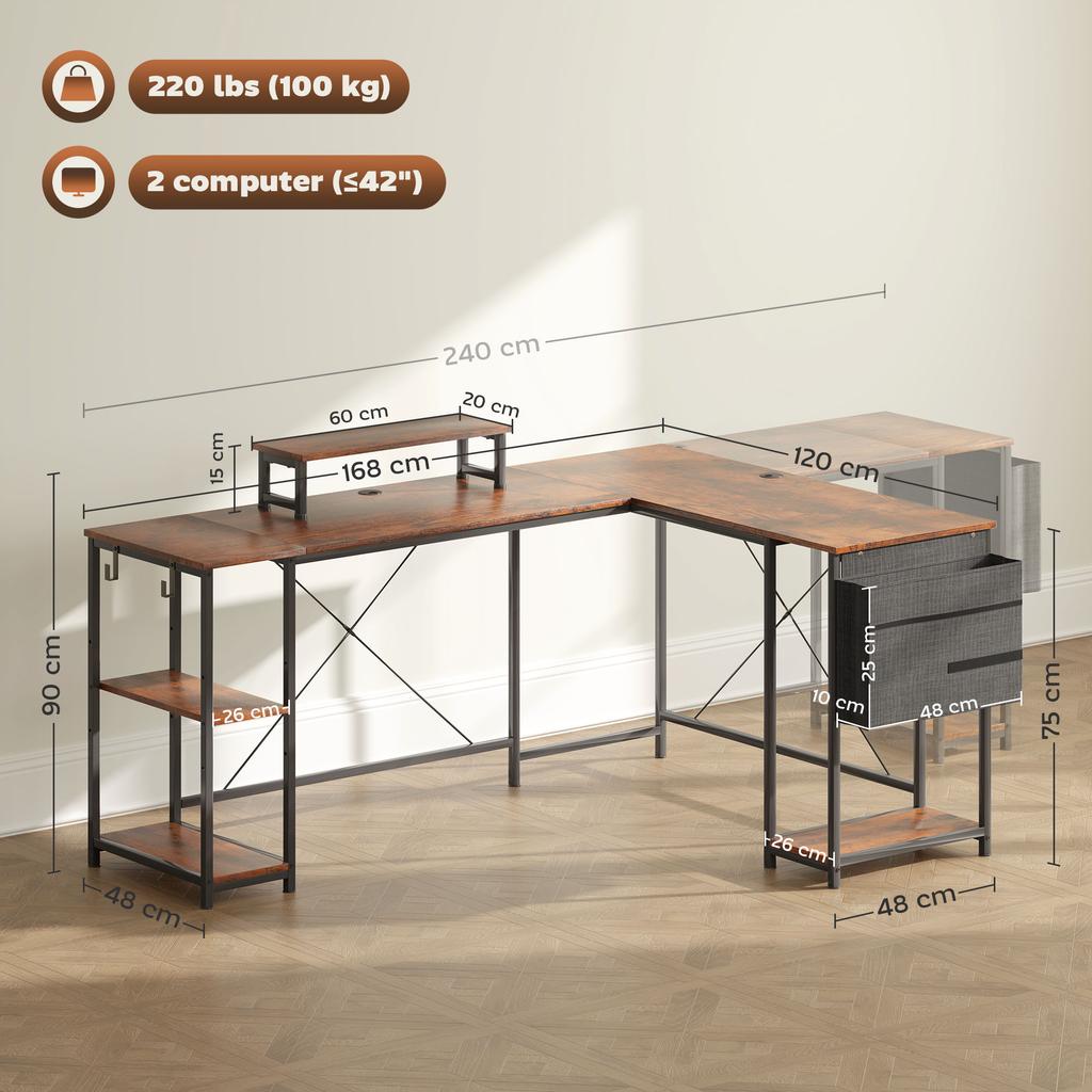L-Shaped Desk, Versatile Office Desk with Adjustable Shelves and Storage Bag, Monitor Stand, Brown