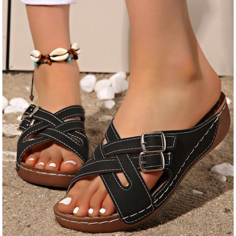 Fashion Fashion Cross Straps Platform Slippers Women Comfort Double Buckle Wedge Sandals Woman Summer 2025 Anti Slip Casual Beach Shoes