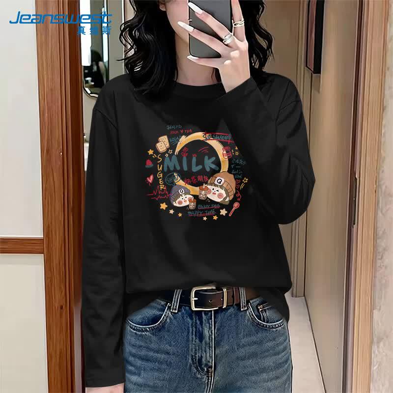 Jeanswest Women's "Romance of Milk Tea" Print Long Sleeve Pure Cotton T-Shirt