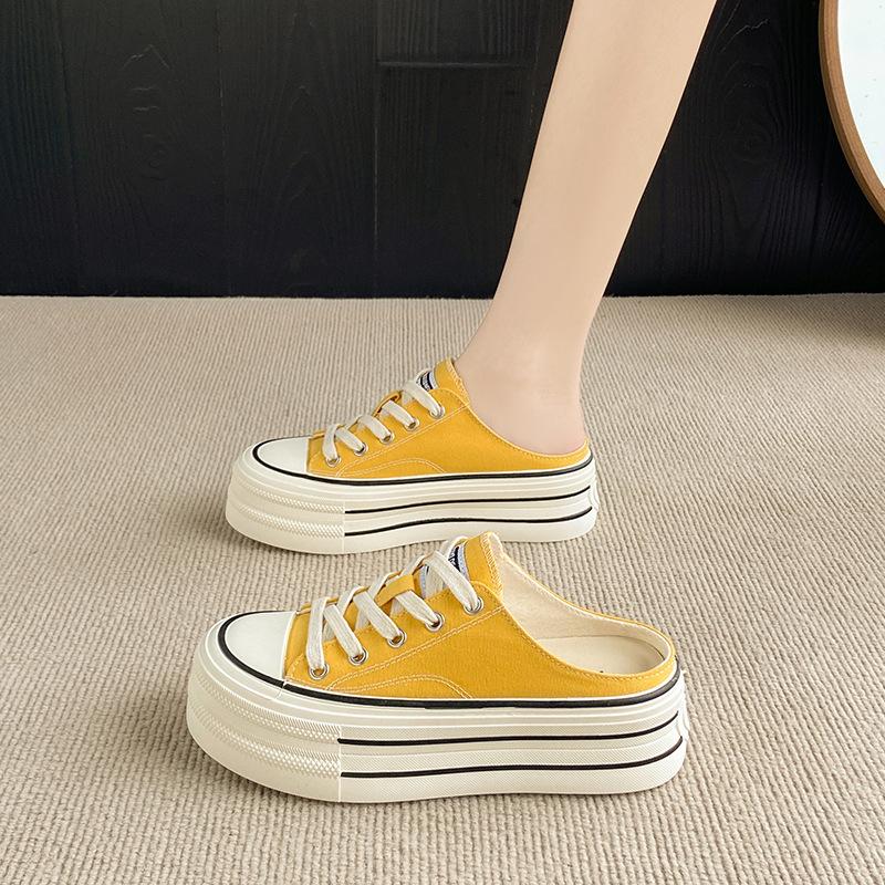 Półkapcie na grubej podeszwie na jeden pedał z płótna z główką torby damskie letnie nowe małe białe buty casualowe małe buty na platformie typu muffin