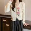 Embroidered Floral V Neck Knit Cardigan Women Spring Cropped Slim Long Sleeve Top