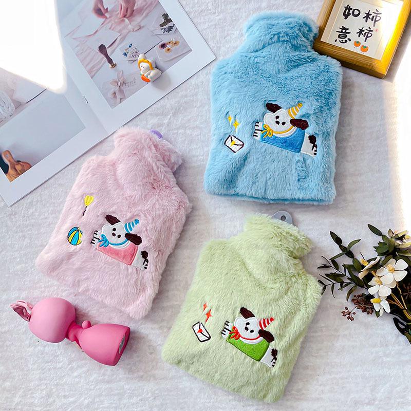 1200ml Cute Embroidered Hot Water Bottle with Plush Insertable Hand Warmer for Winter